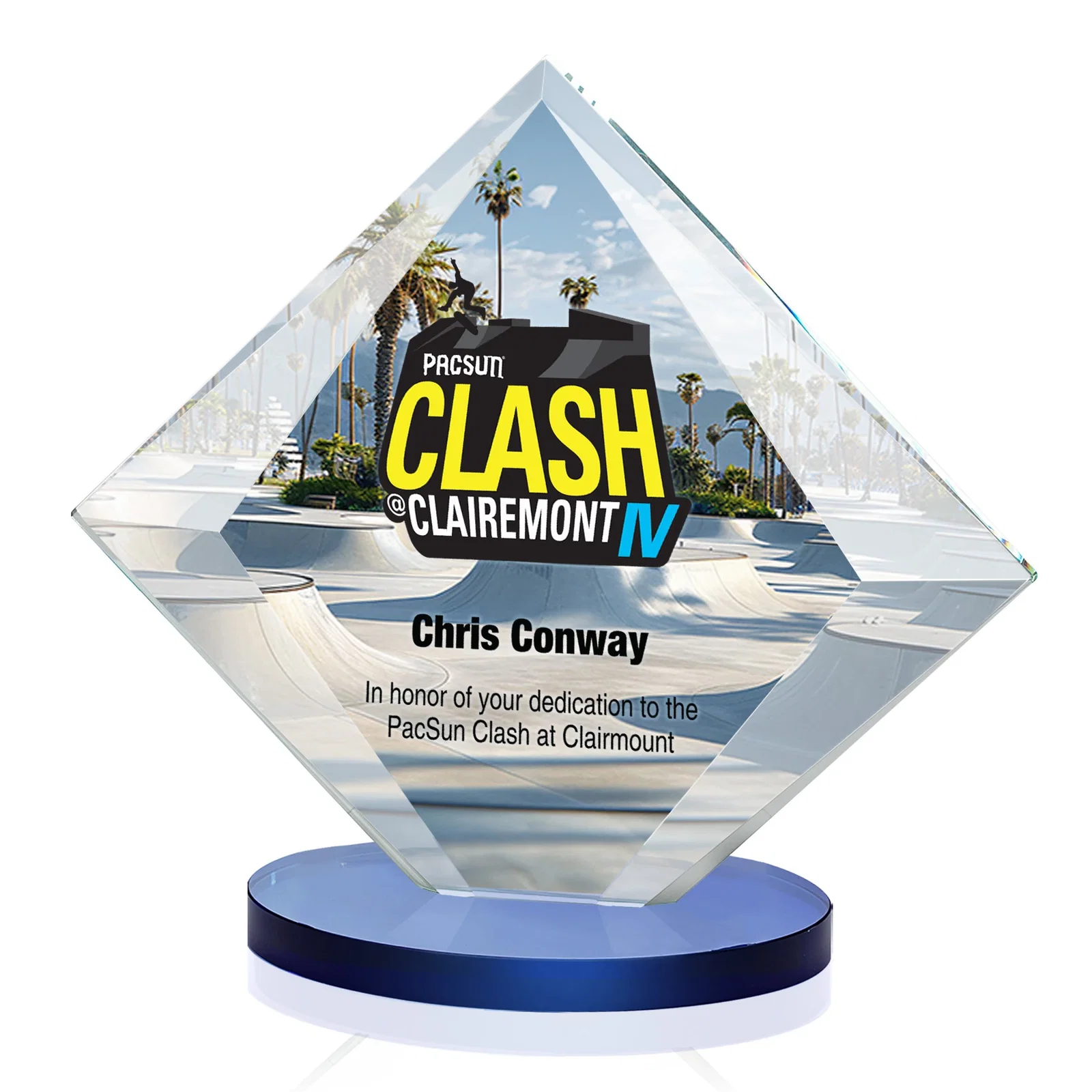 Custom printed Starfire Crystal Diamond Award on a Broad-Beveled Round Base for retirement presentations