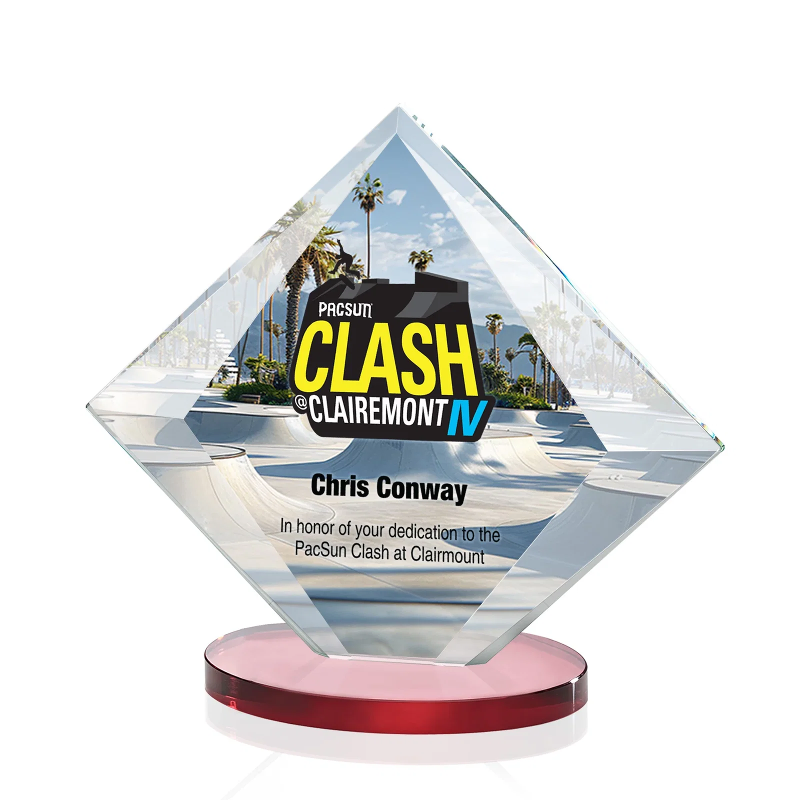 Custom printed Starfire Crystal Diamond Award on a Broad-Beveled Round Base for donor appreciation