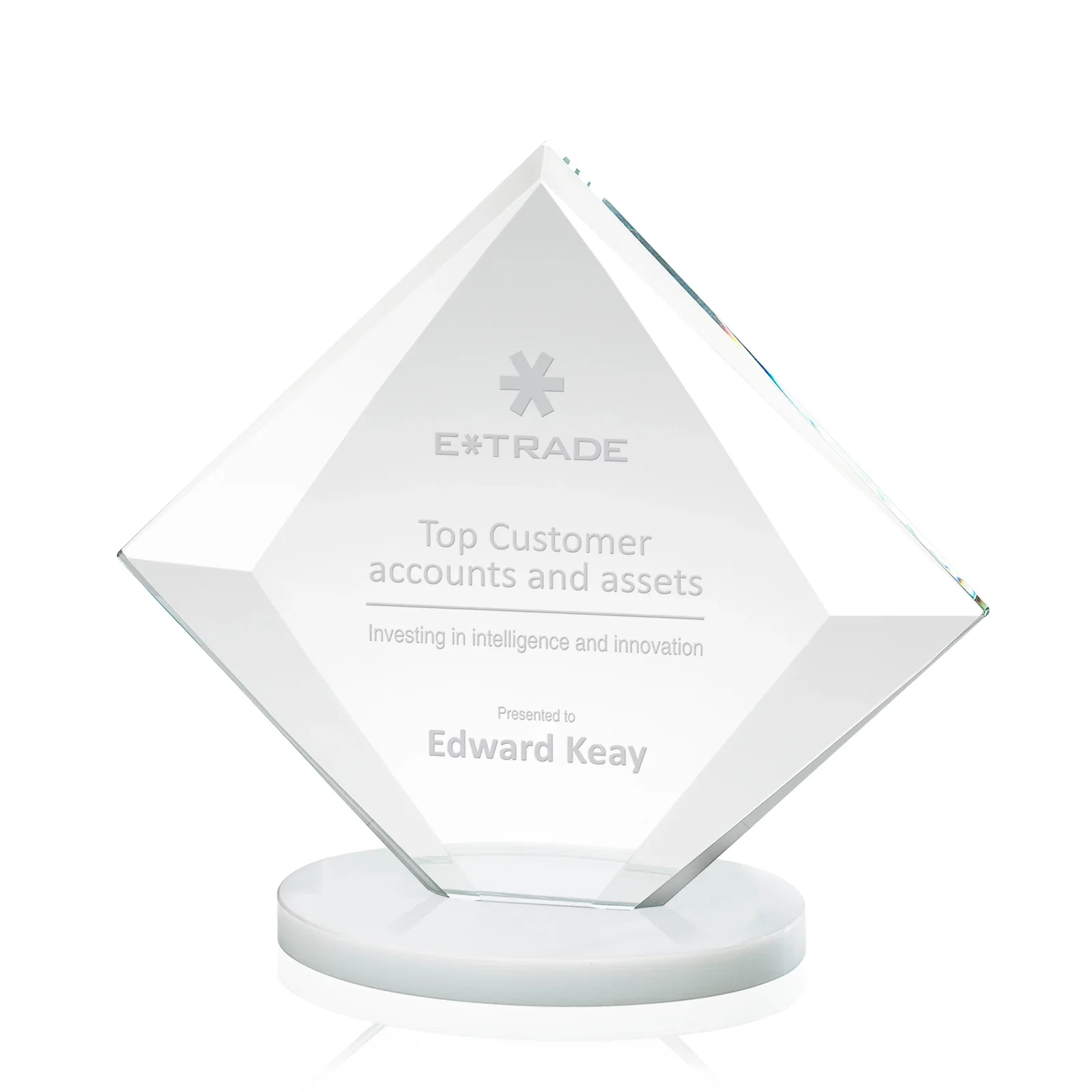 Custom Starfire Crystal Diamond Award on a Broad-Beveled Round Base for donor appreciation