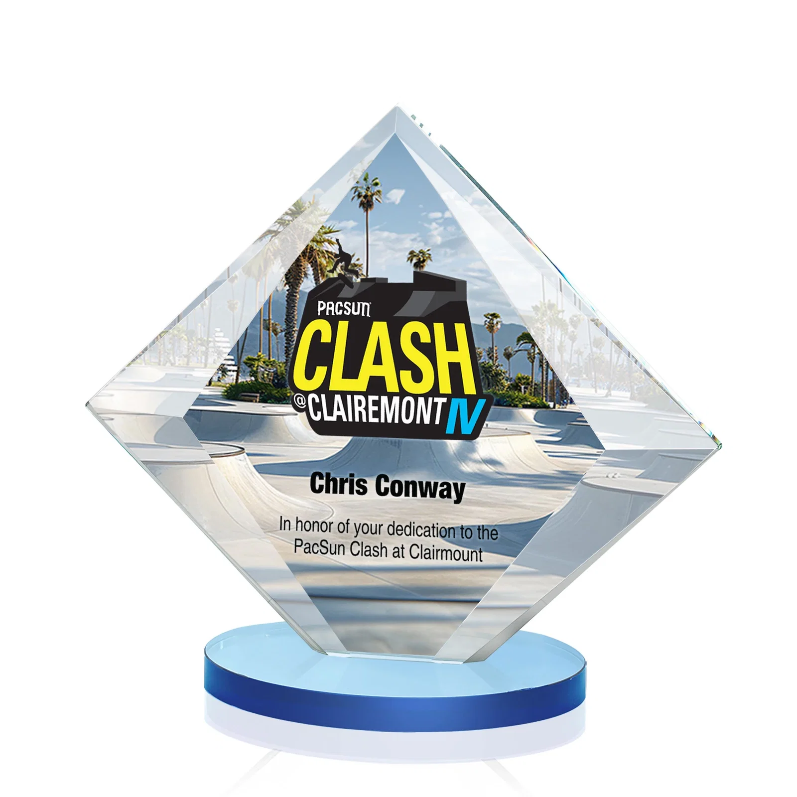 Custom printed Starfire Crystal Diamond Award on a Broad-Beveled Round Base for dealer and partner awards