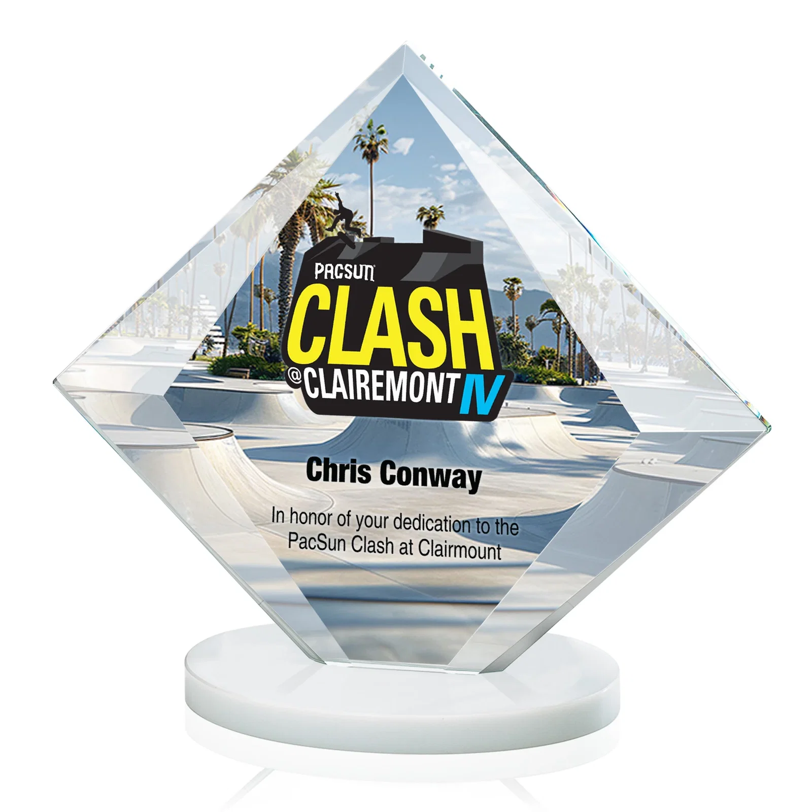 Customized Starfire Crystal Diamond Award on a Broad-Beveled Round Base for retirement presentations