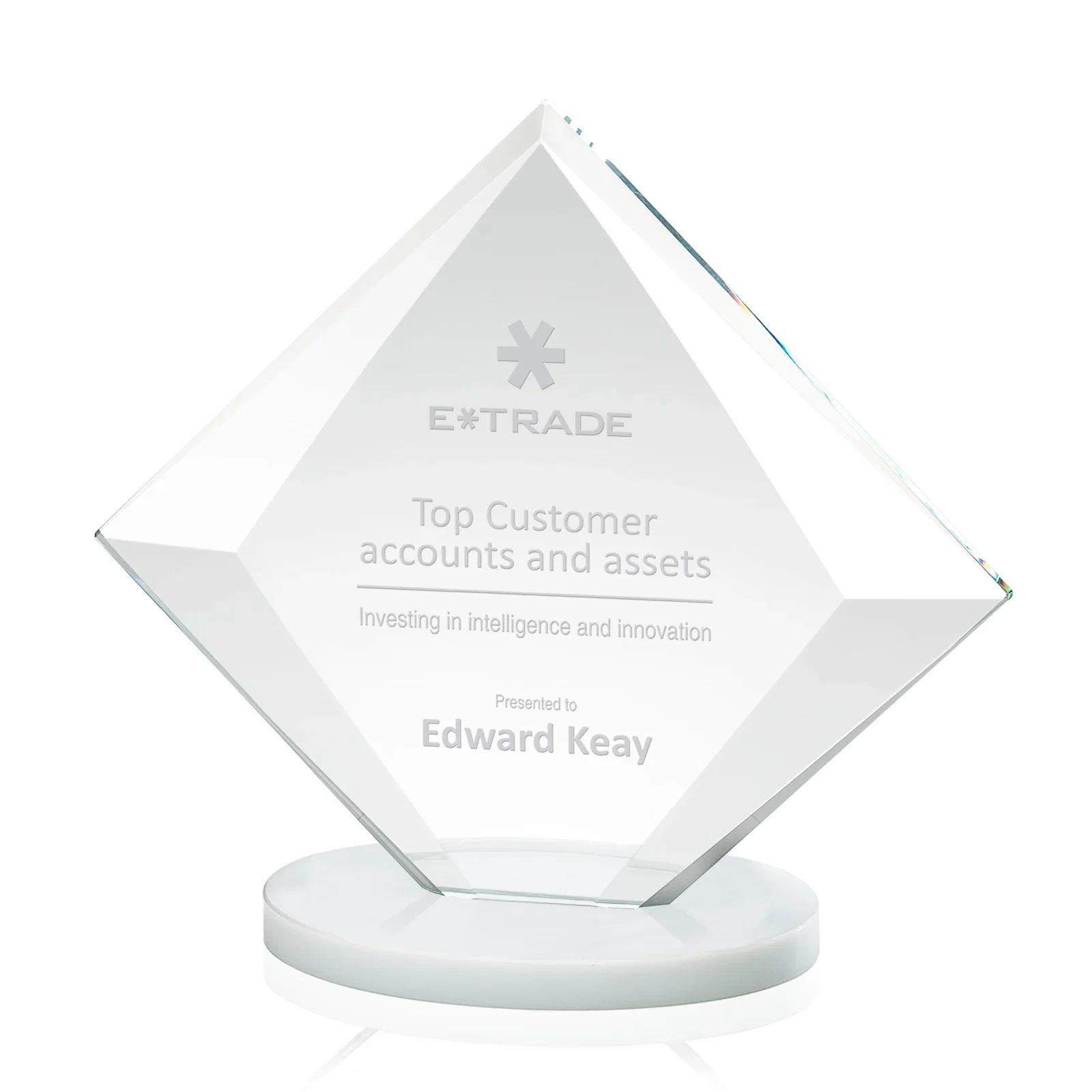 Custom Starfire Crystal Diamond Award on a Broad-Beveled Round Base for graduation ceremonies