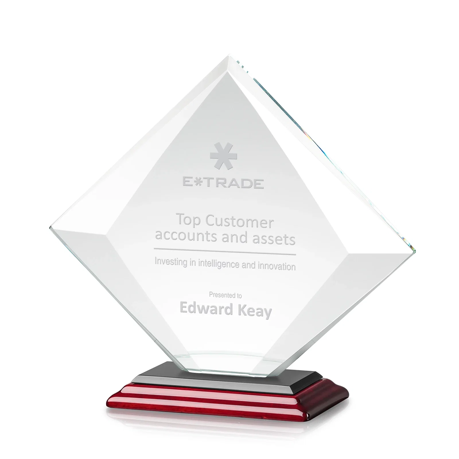 Customized Starfire Crystal Diamond Award on a Broad-Beveled Round Base for donor appreciation