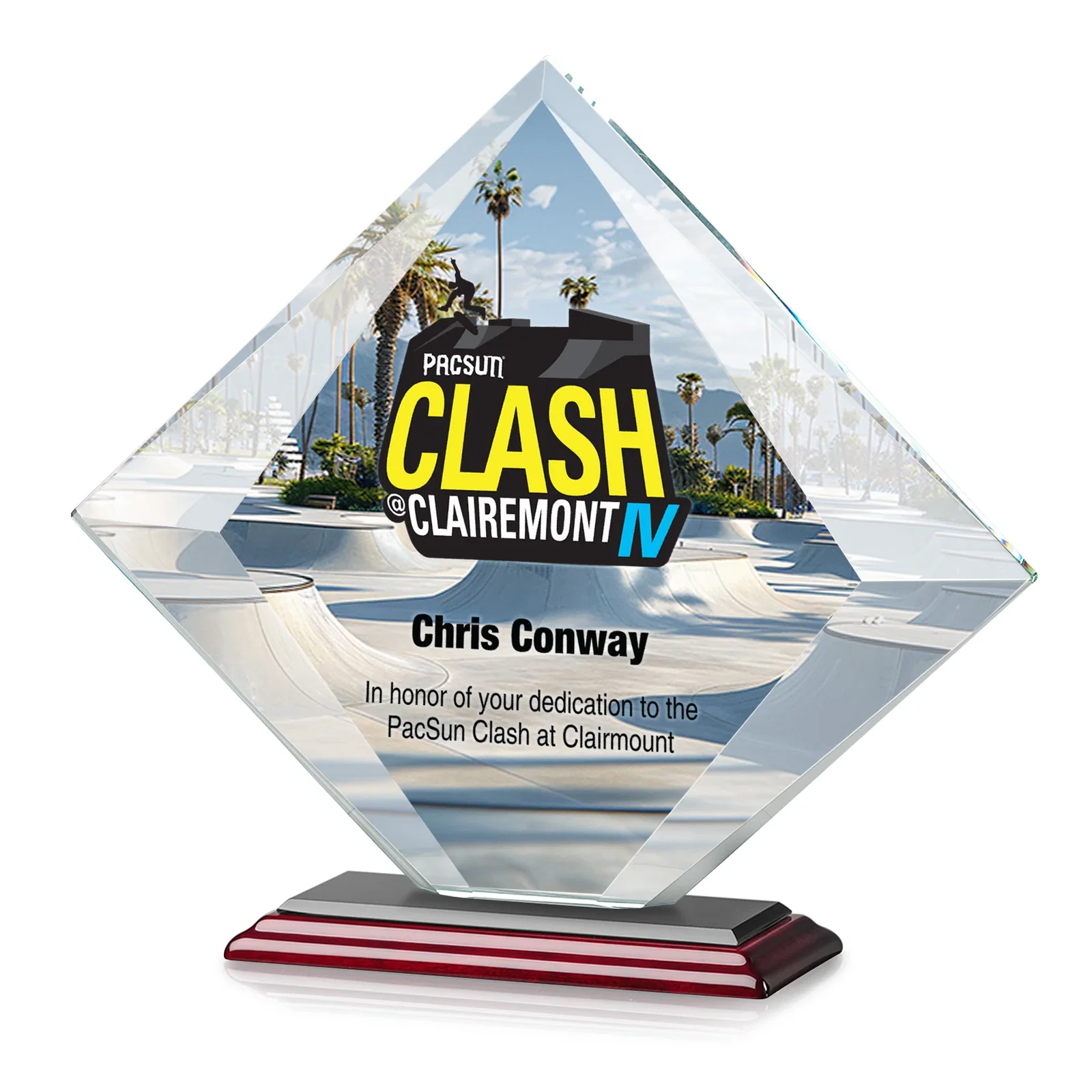 Custom engraved Starfire Crystal Diamond Award on a Broad-Beveled Round Base for employee recognition