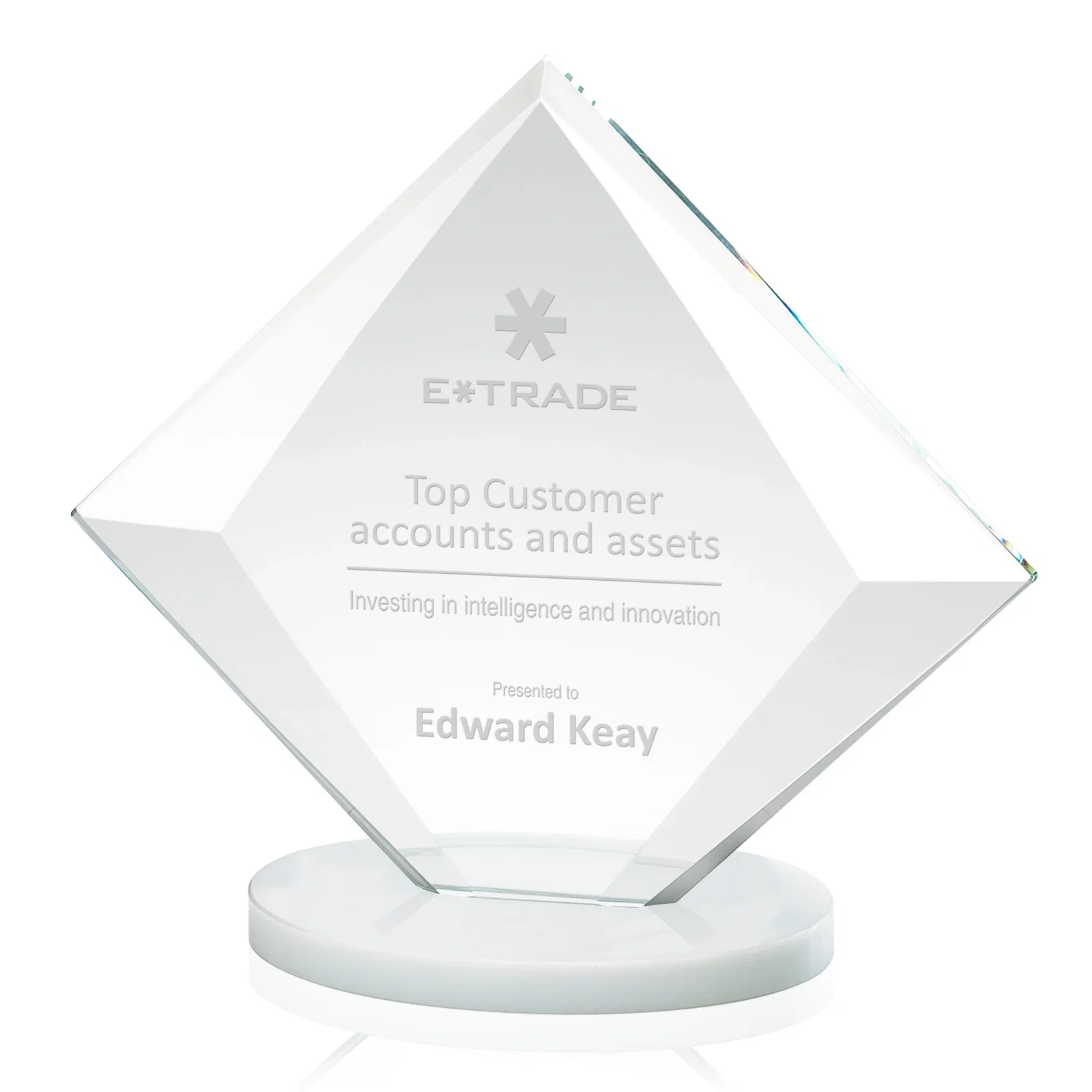 Custom Starfire Crystal Diamond Award on a Broad-Beveled Round Base for safety achievement programs