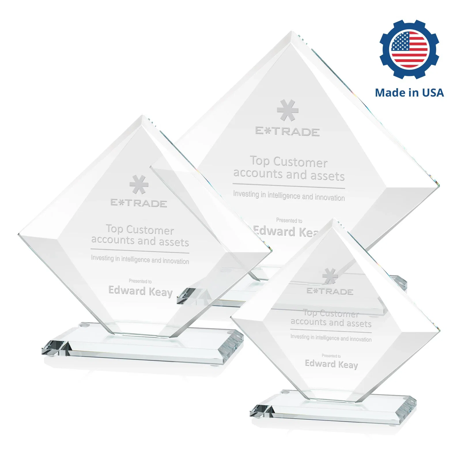 Custom engraved Starfire Crystal Diamond Award on a Broad-Beveled Round Base for corporate award ceremonies