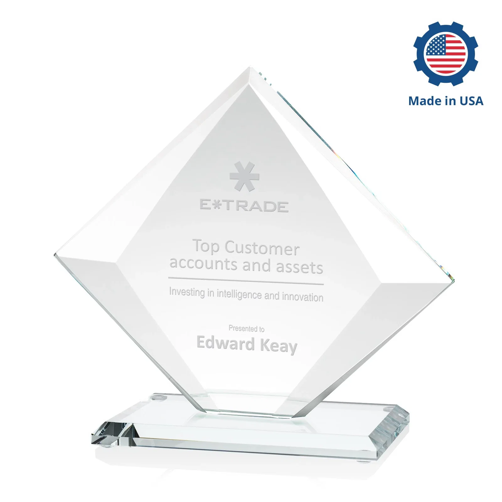 Custom engraved Starfire Crystal Diamond Award on a Broad-Beveled Round Base for service anniversary gifts