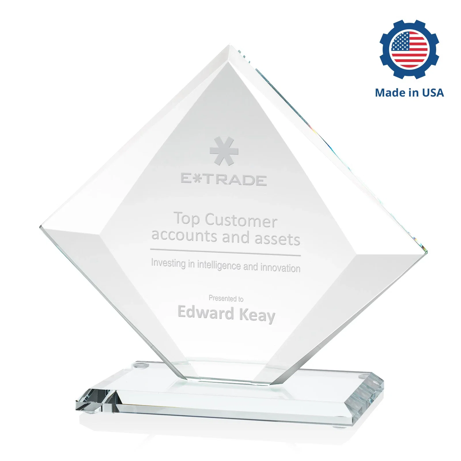 Custom engraved Starfire Crystal Diamond Award on a Broad-Beveled Round Base for sales achievement awards