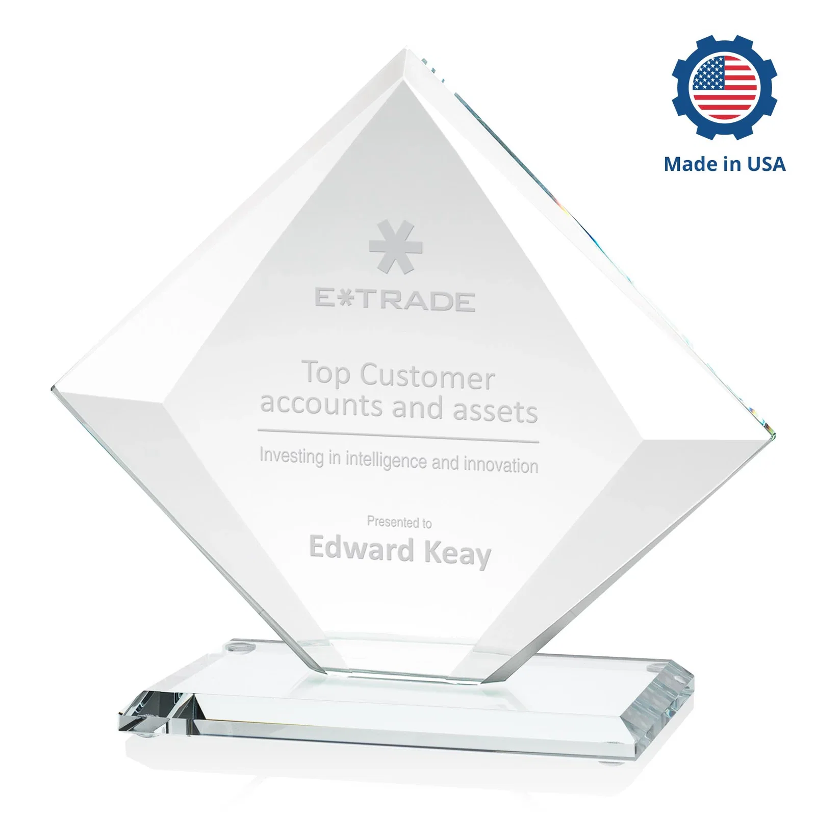 Custom engraved Starfire Crystal Diamond Award on a Broad-Beveled Round Base for retirement presentations