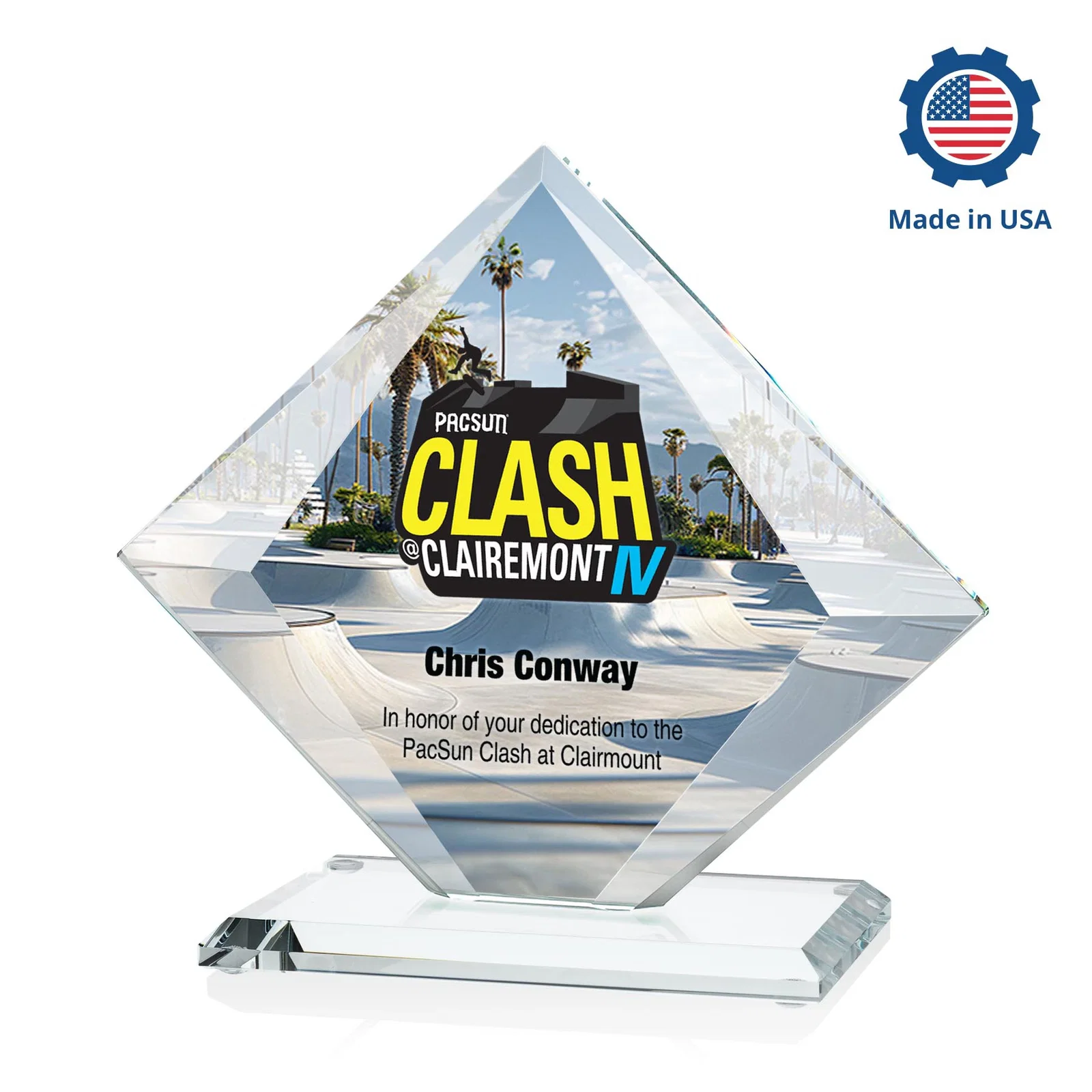 Custom engraved Starfire Crystal Diamond Award on a Broad-Beveled Round Base for donor appreciation