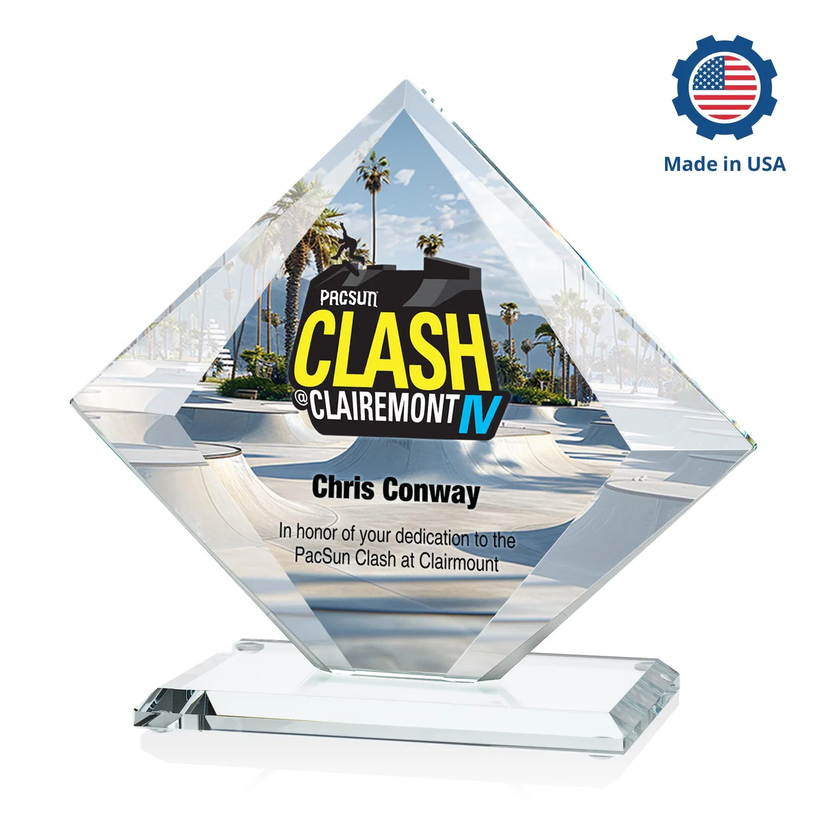 Custom engraved Starfire Crystal Diamond Award on a Broad-Beveled Round Base for graduation ceremonies