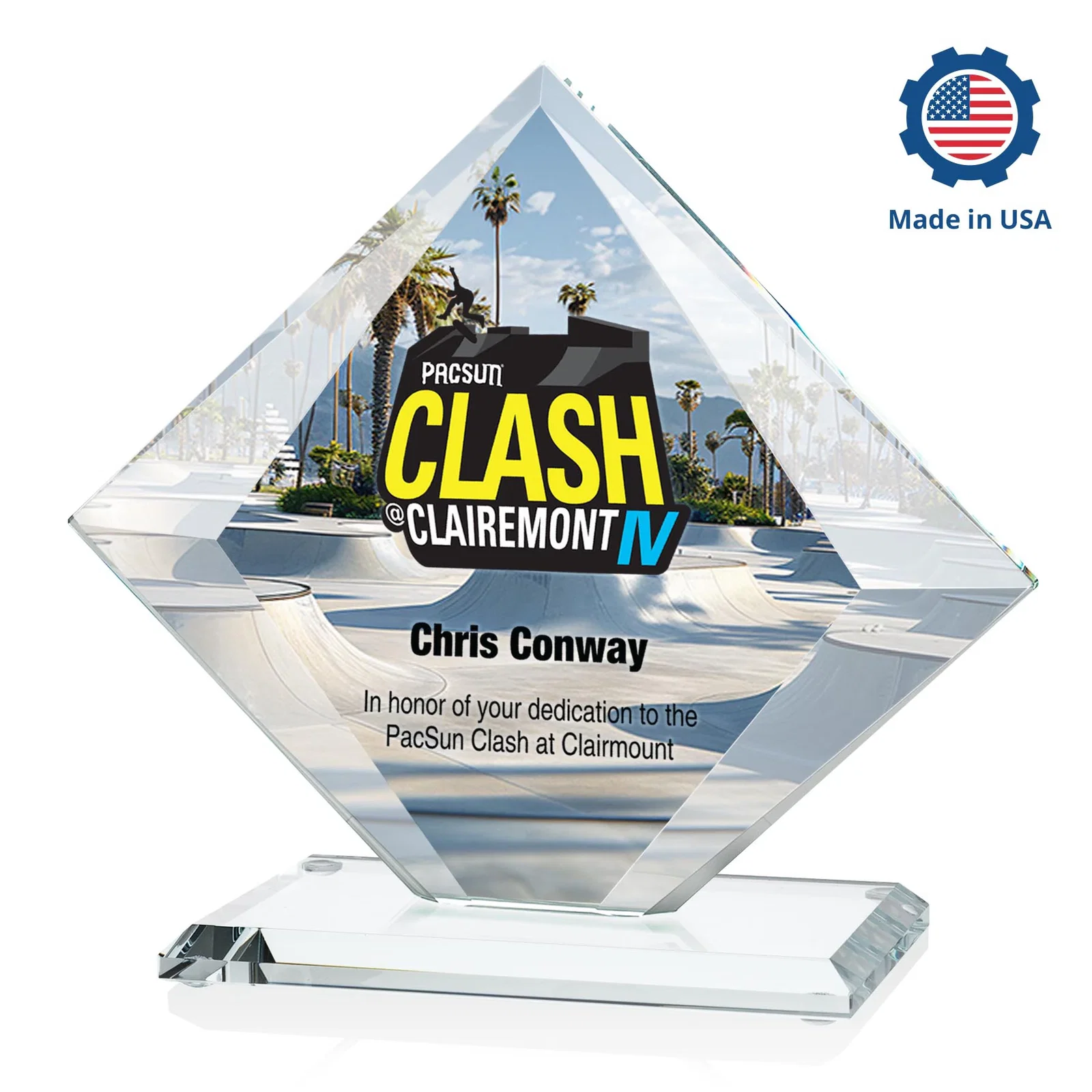 Custom engraved Starfire Crystal Diamond Award on a Broad-Beveled Round Base for safety achievement programs