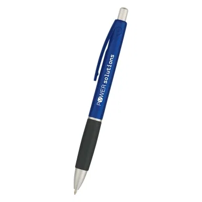 Metallic barrel pen with contrasting black trim, shown full length