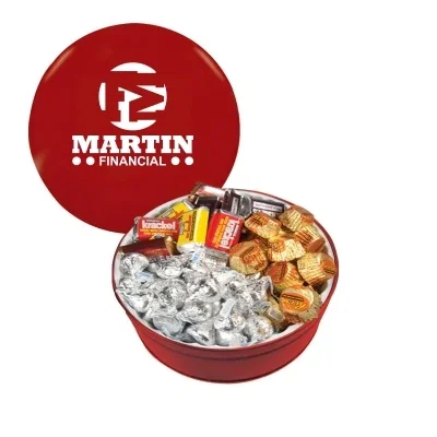 Deep round tin filled with candy for office sharing