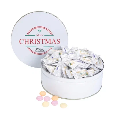 Large round tin packed with individually wrapped mints for desk sharing