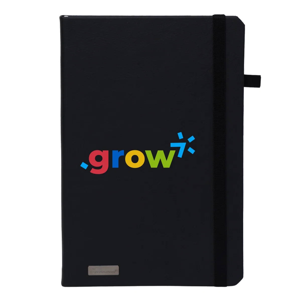 Black notebook closed, sized at roughly six by eight inches