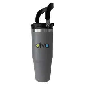 30 oz Flip-Handle Vacuum Tumbler, 4" x 9.63" x 4.06" Stainless Steel, Laser Imprint