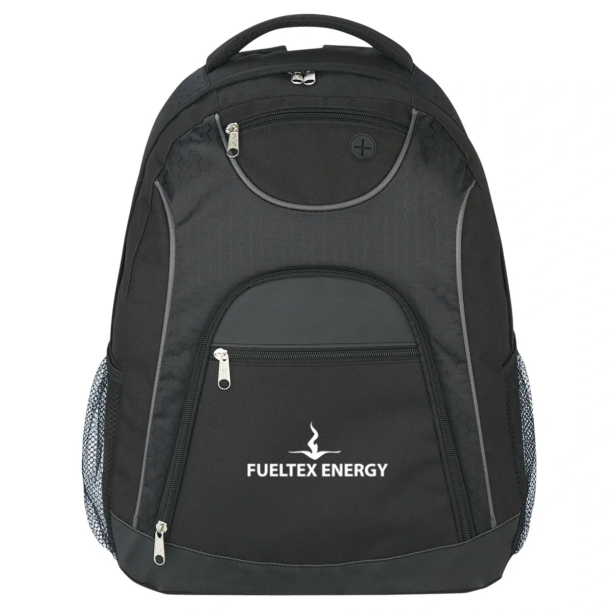 Black backpack standing upright with both straps visible