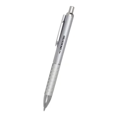 Silver ballpoint pen with contrasting trim shown standing upright