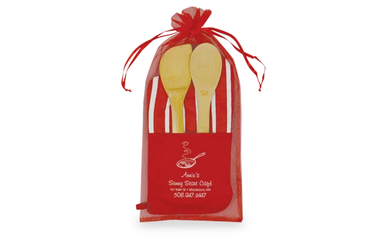 Therma-Grip Mitt & Bamboo Utensil Set. Striped oven mitt and bamboo spatula spoon set for closing gifts