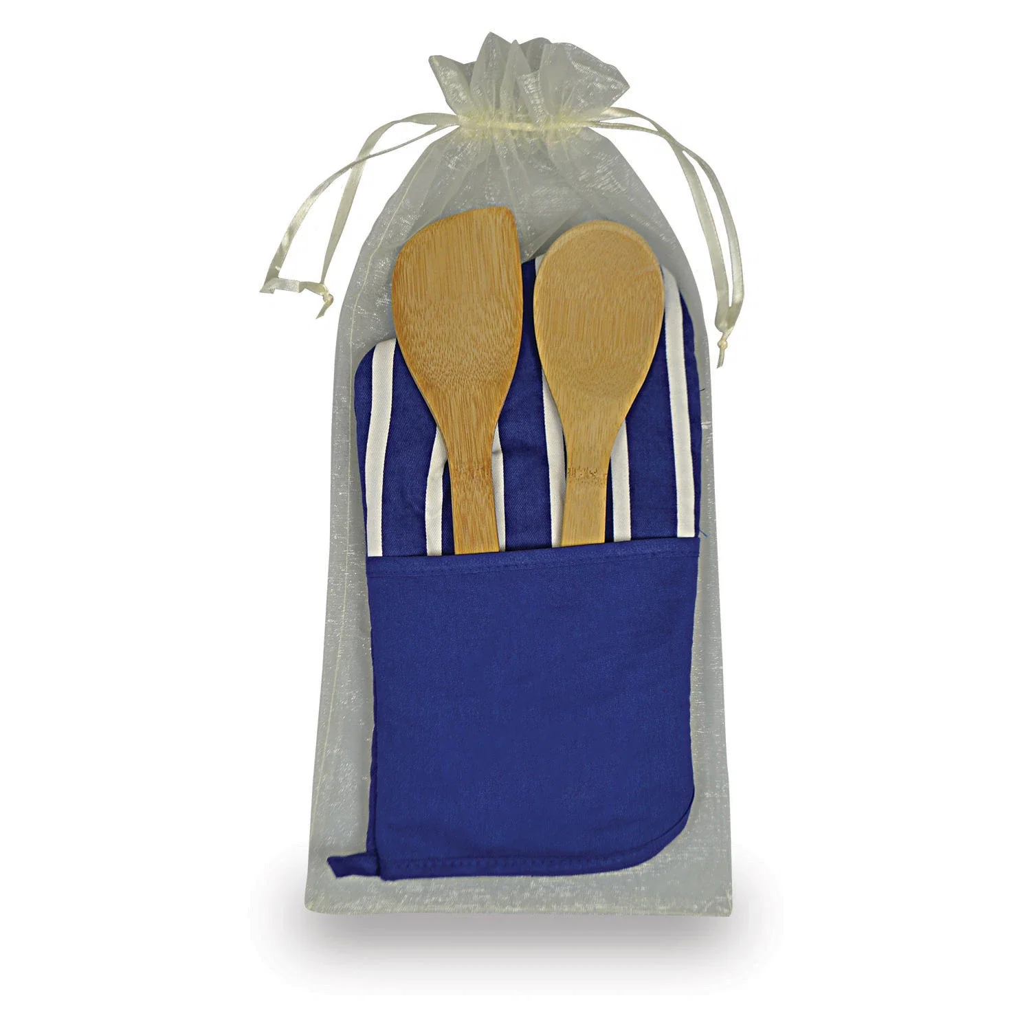 Therma-Grip Mitt & Bamboo Utensil Set. Striped oven mitt and bamboo spatula spoon set for closing gifts, view 2