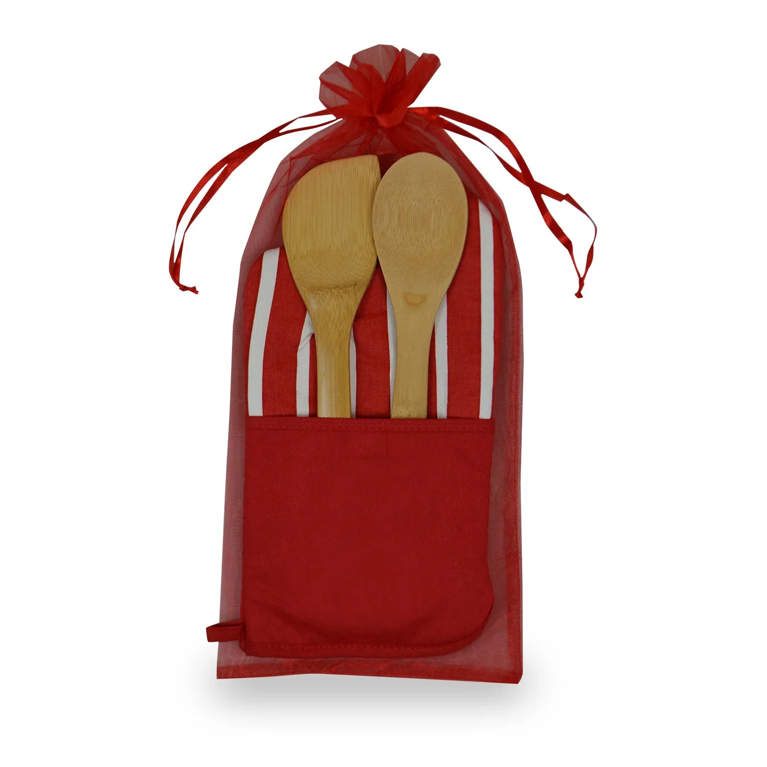 Therma-Grip Mitt & Bamboo Utensil Set. Striped oven mitt and bamboo spatula spoon set for closing gifts, view 3