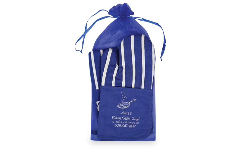 Therma-Grip Striped Mitt & Apron Set. Cotton striped oven mitt and apron set for cooking and grilling gifts