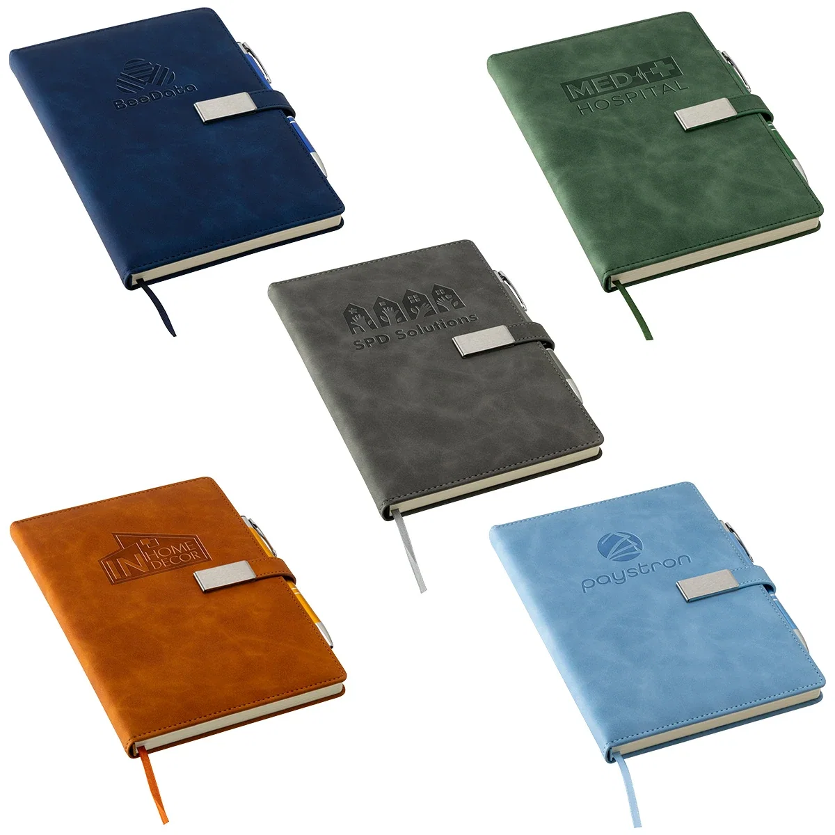 Custom Thesis Hardcover Journal, front view of the branded journal with pen