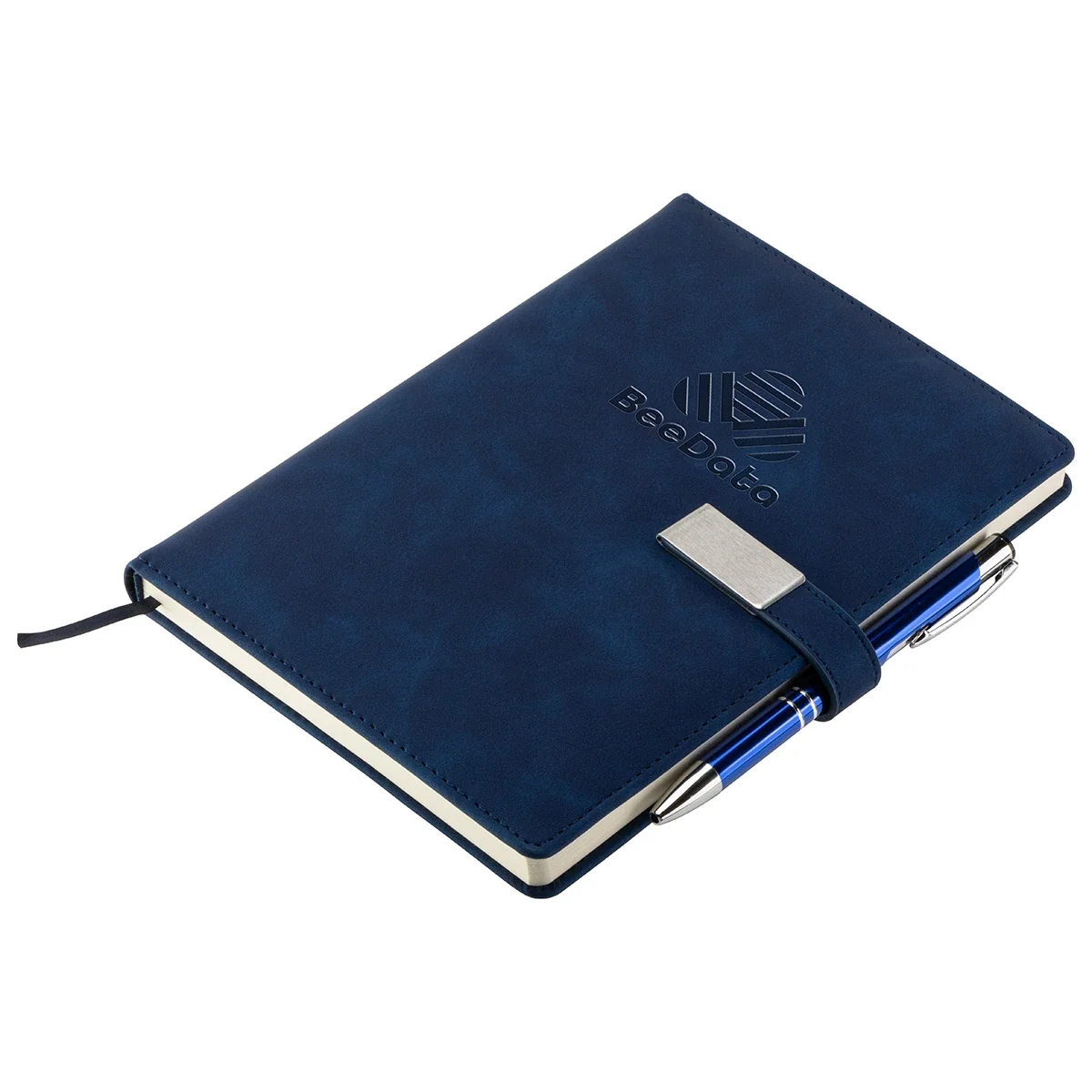 Open view of the Thesis Hardcover Journal showing the included pen