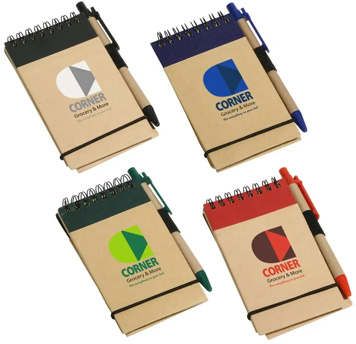 Think Green custom branded recycled notepad and pen set front view with logo area