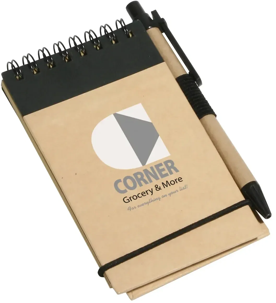 Branded recycled notepad open showing lined pages