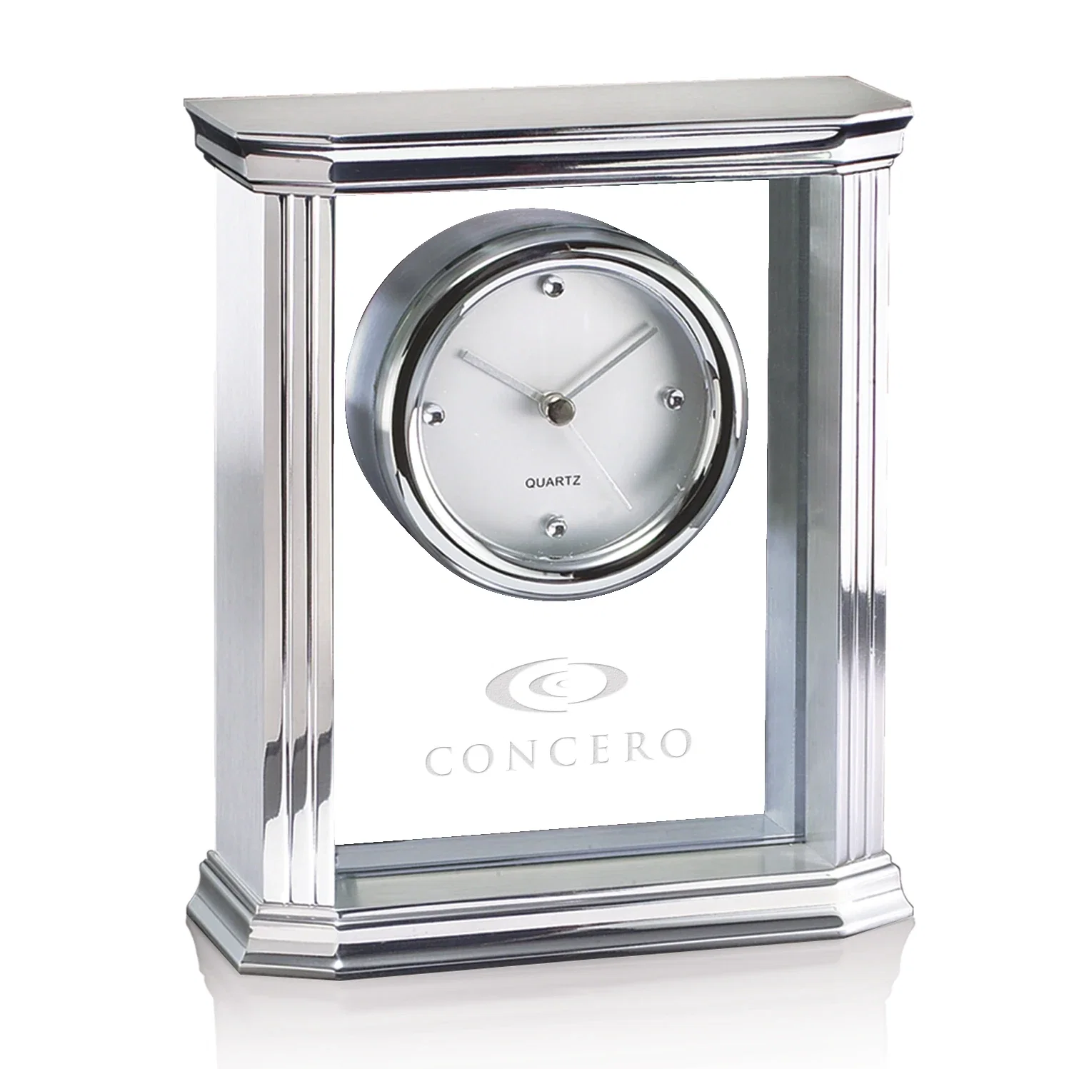Custom Chrome and Glass Modern Mantle Clock for employee recognition