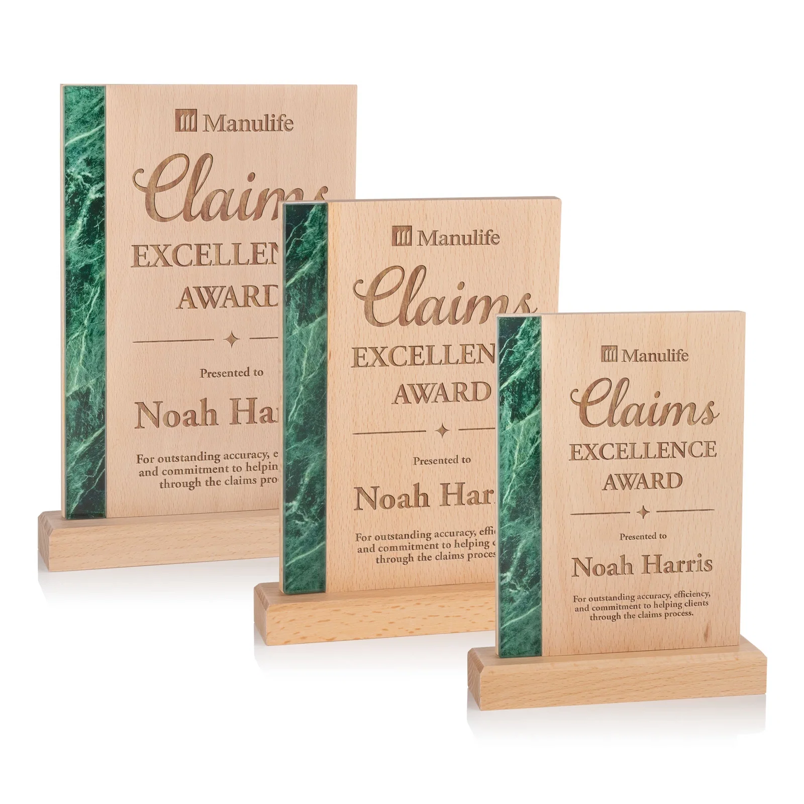Custom Beechwood Award with Green Marble-Look Inlay for employee recognition