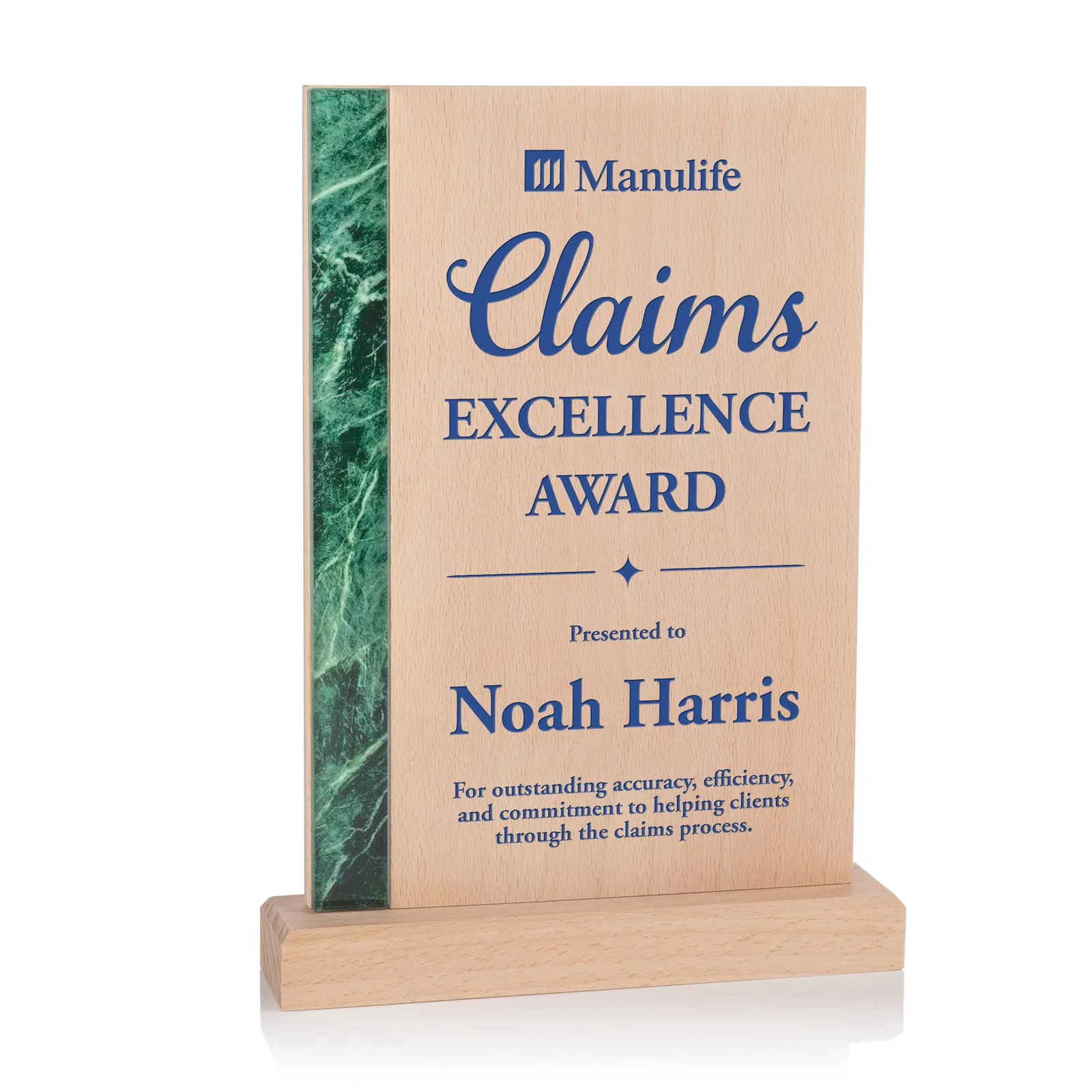Custom Beechwood Award with Green Marble-Look Inlay for volunteer appreciation