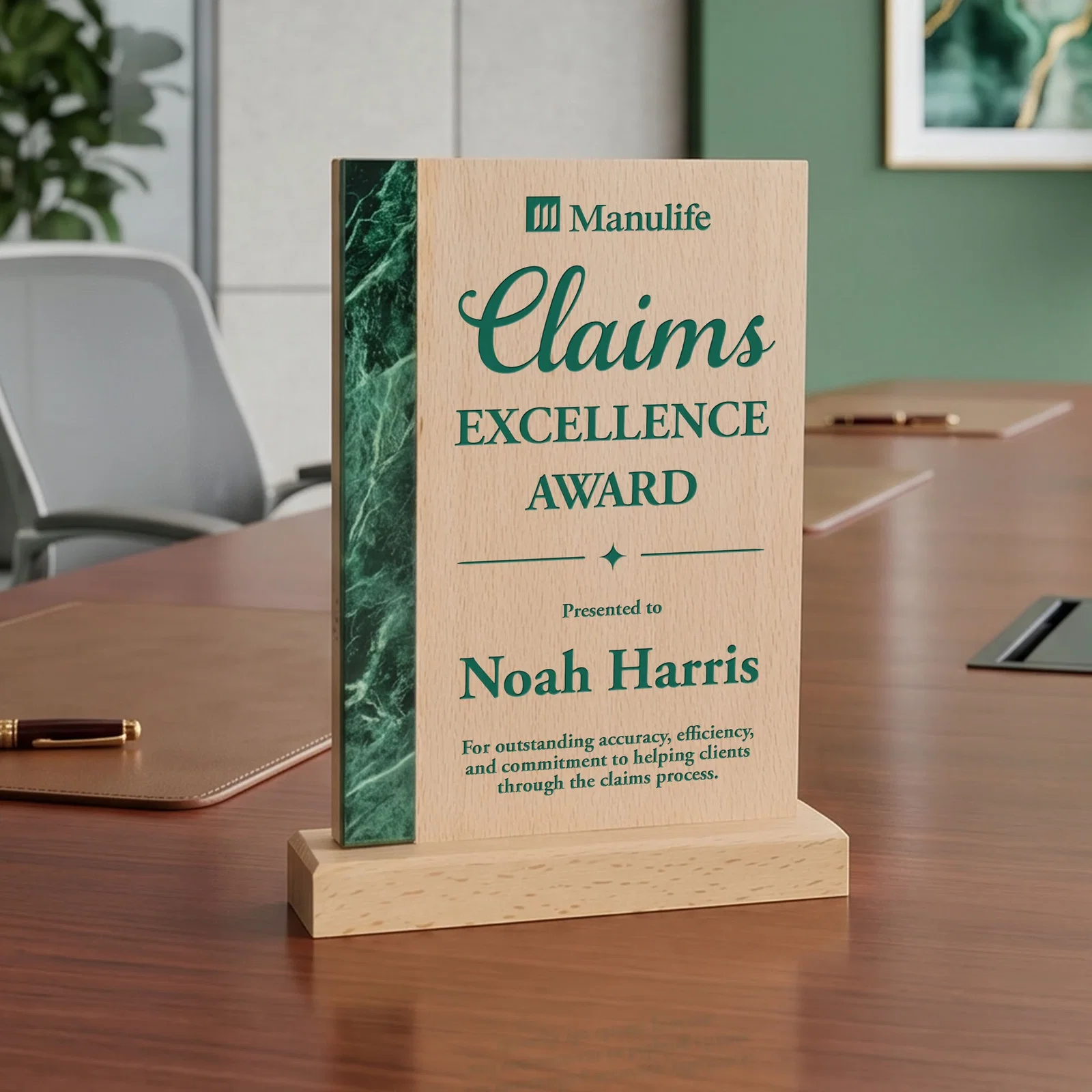 Custom Beechwood Award with Green Marble-Look Inlay for dealer and partner awards