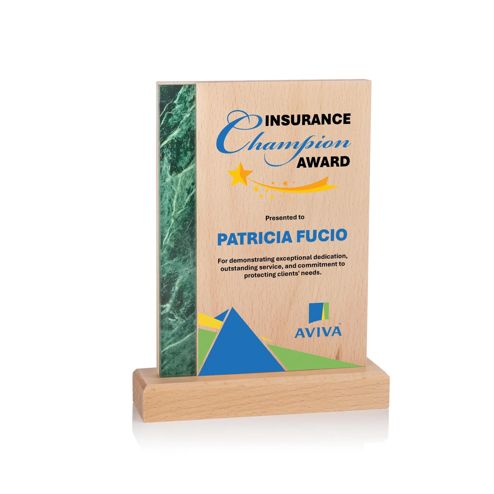 Personalized Beechwood Award with Green Marble-Look Inlay for employee recognition