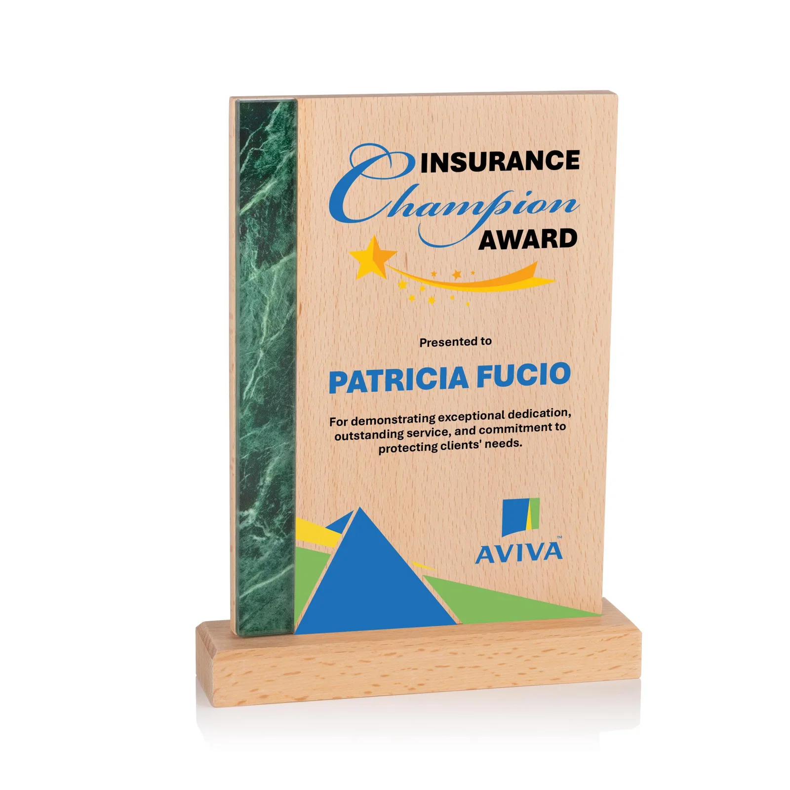 Personalized Beechwood Award with Green Marble-Look Inlay for corporate award ceremonies