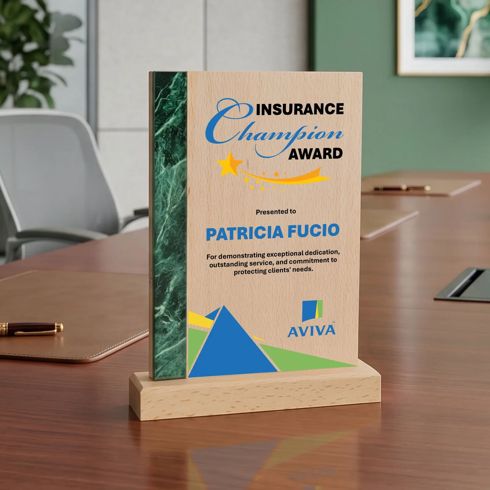 Personalized Beechwood Award with Green Marble-Look Inlay for sales achievement awards