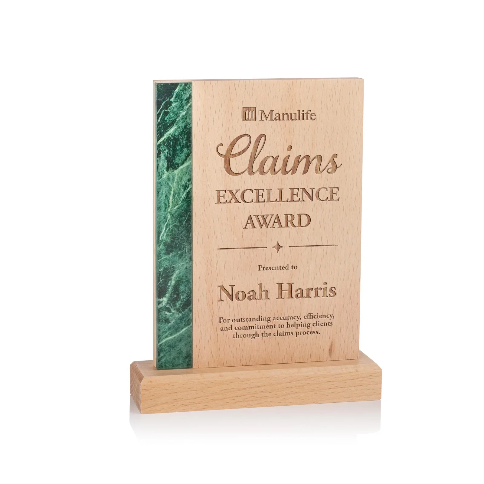 Custom Beechwood Award with Green Marble-Look Inlay for corporate award ceremonies