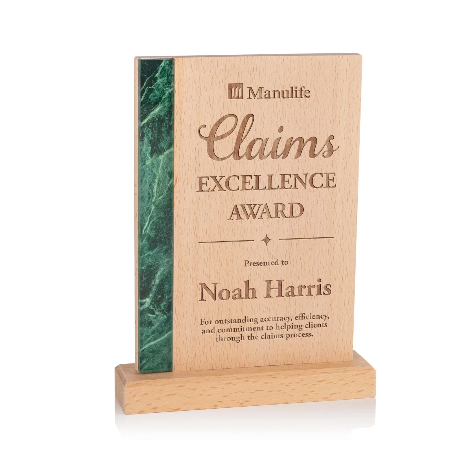 Custom Beechwood Award with Green Marble-Look Inlay for service anniversary gifts
