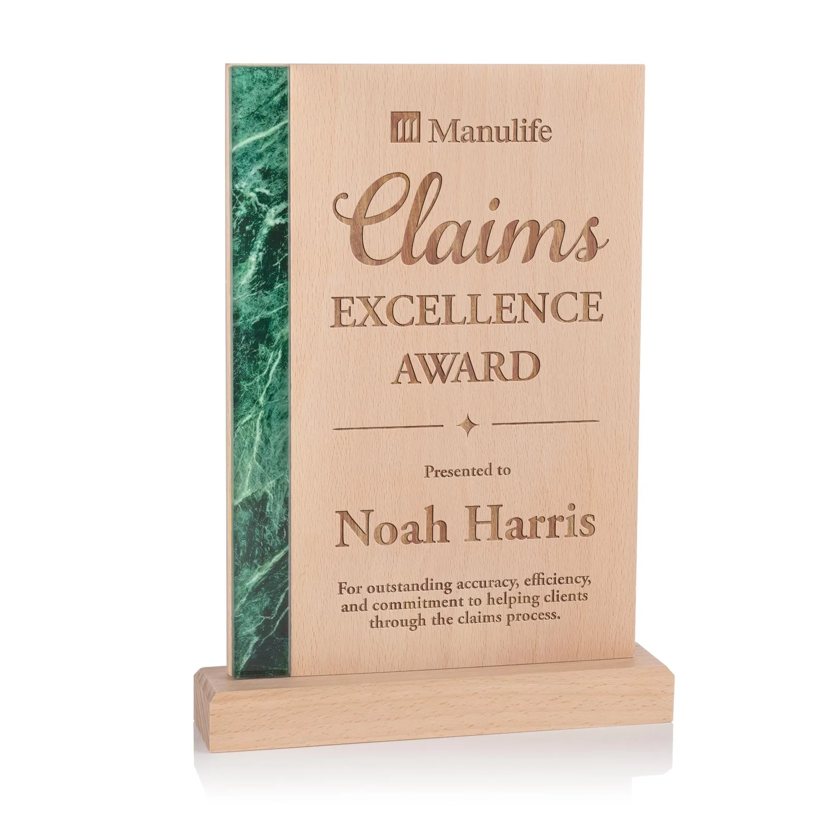 Custom Beechwood Award with Green Marble-Look Inlay for sales achievement awards