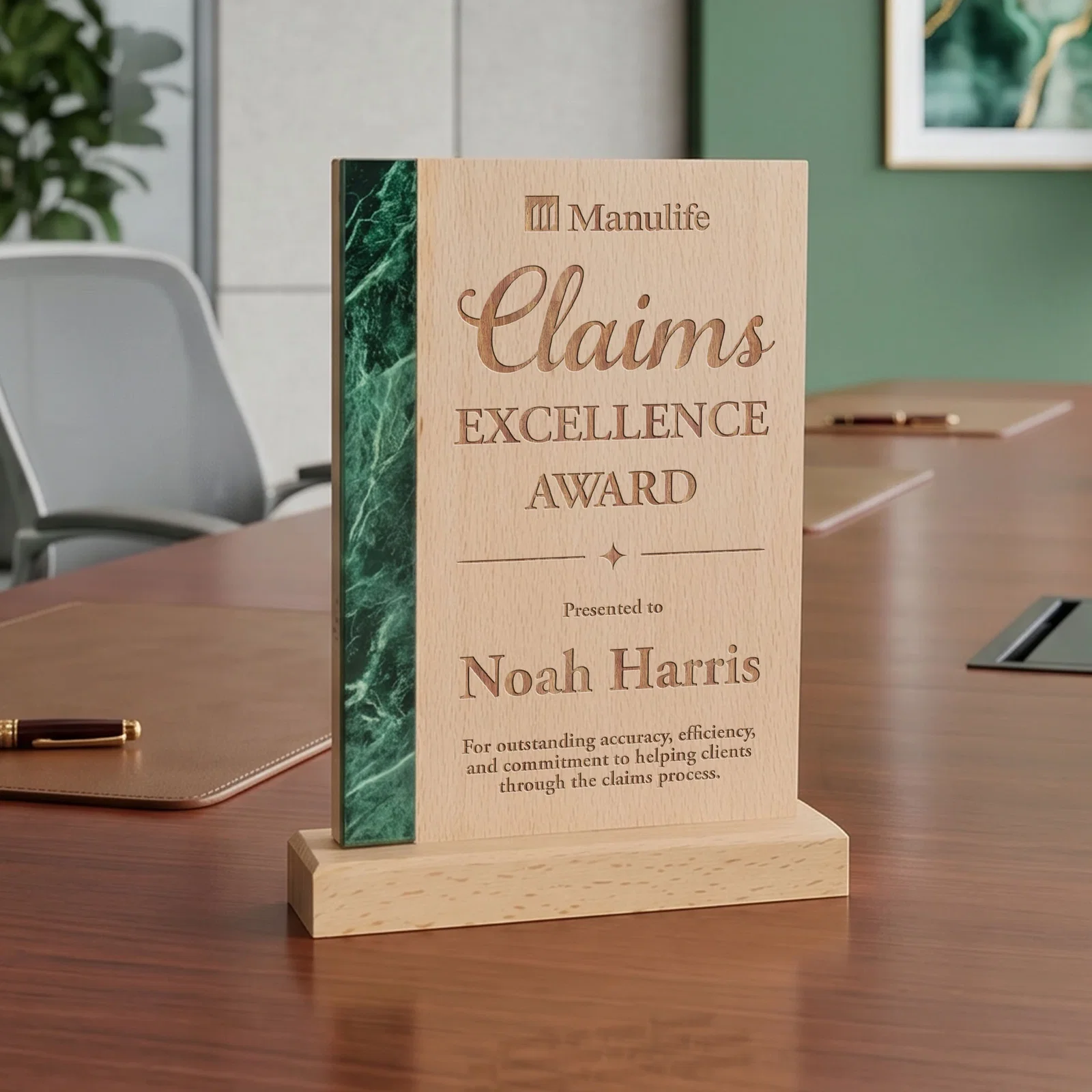 Custom Beechwood Award with Green Marble-Look Inlay for team milestone celebrations