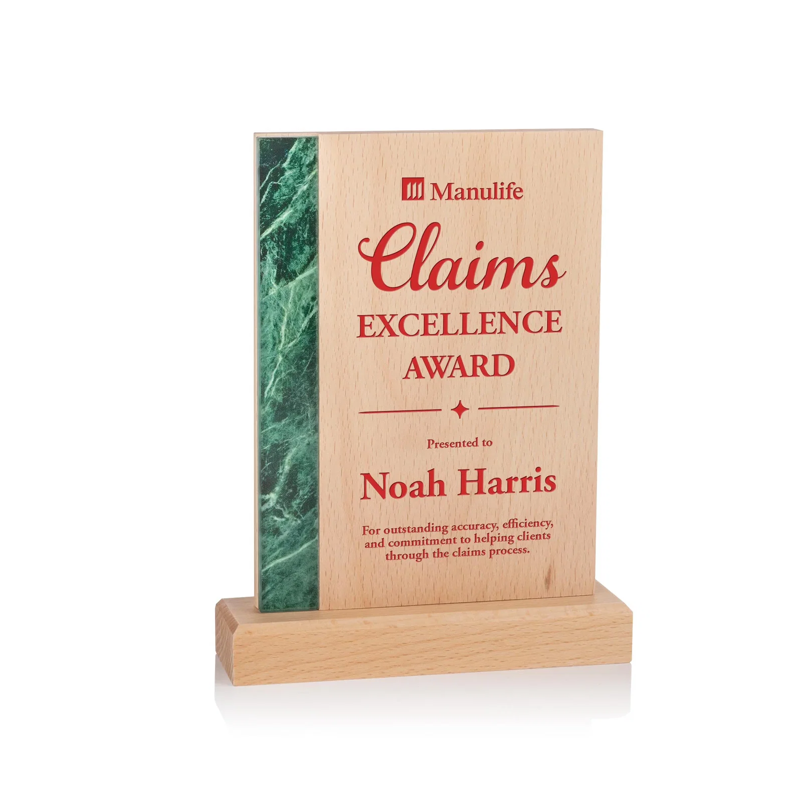 Custom Beechwood Award with Green Marble-Look Inlay for graduation ceremonies