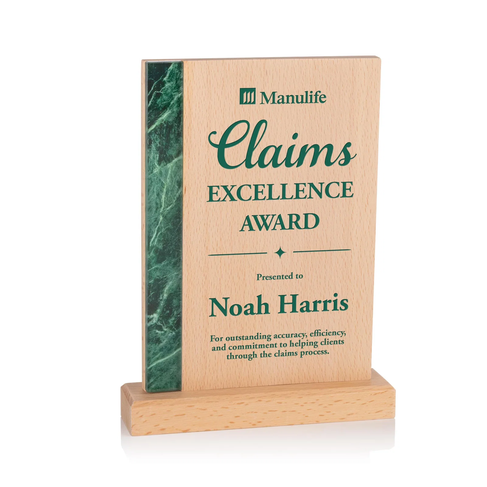 Custom Beechwood Award with Green Marble-Look Inlay for safety achievement programs
