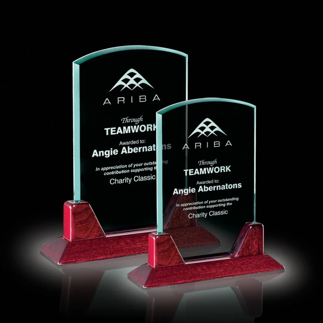 Custom Jade Glass Arch Award, Single Inscription on the Glass Only for employee recognition