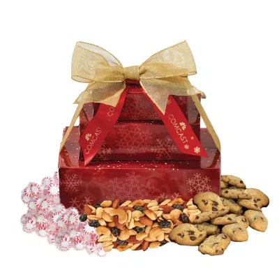 Three stacked gift boxes tied with ribbon, forming a compact tower