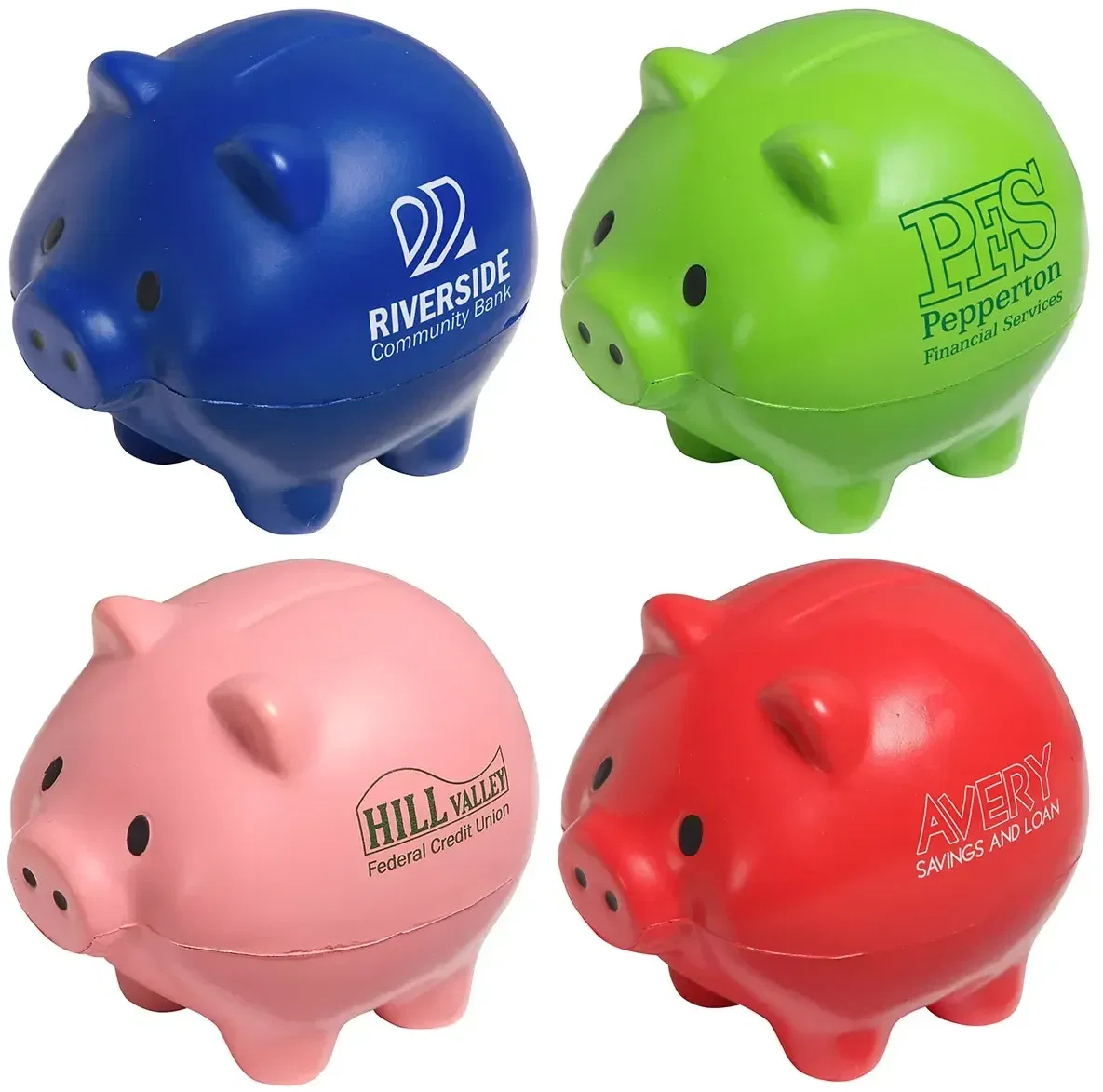Thrifty Pig custom stress ball shaped like a piggy bank, front view, branded finance and savings promotional giveaway