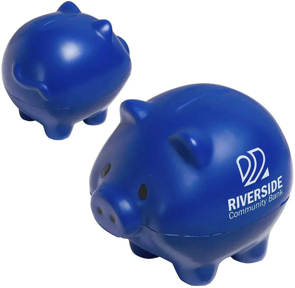 Side profile of the Thrifty Pig promotional stress ball, piggy-bank squeeze toy for branded banking logo handouts