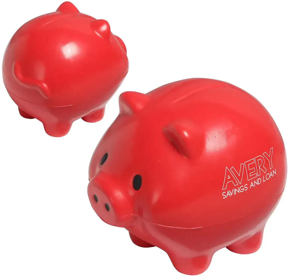 Close-up of the custom Thrifty Pig stress ball imprint area, branded savings-themed promotional squeeze toy