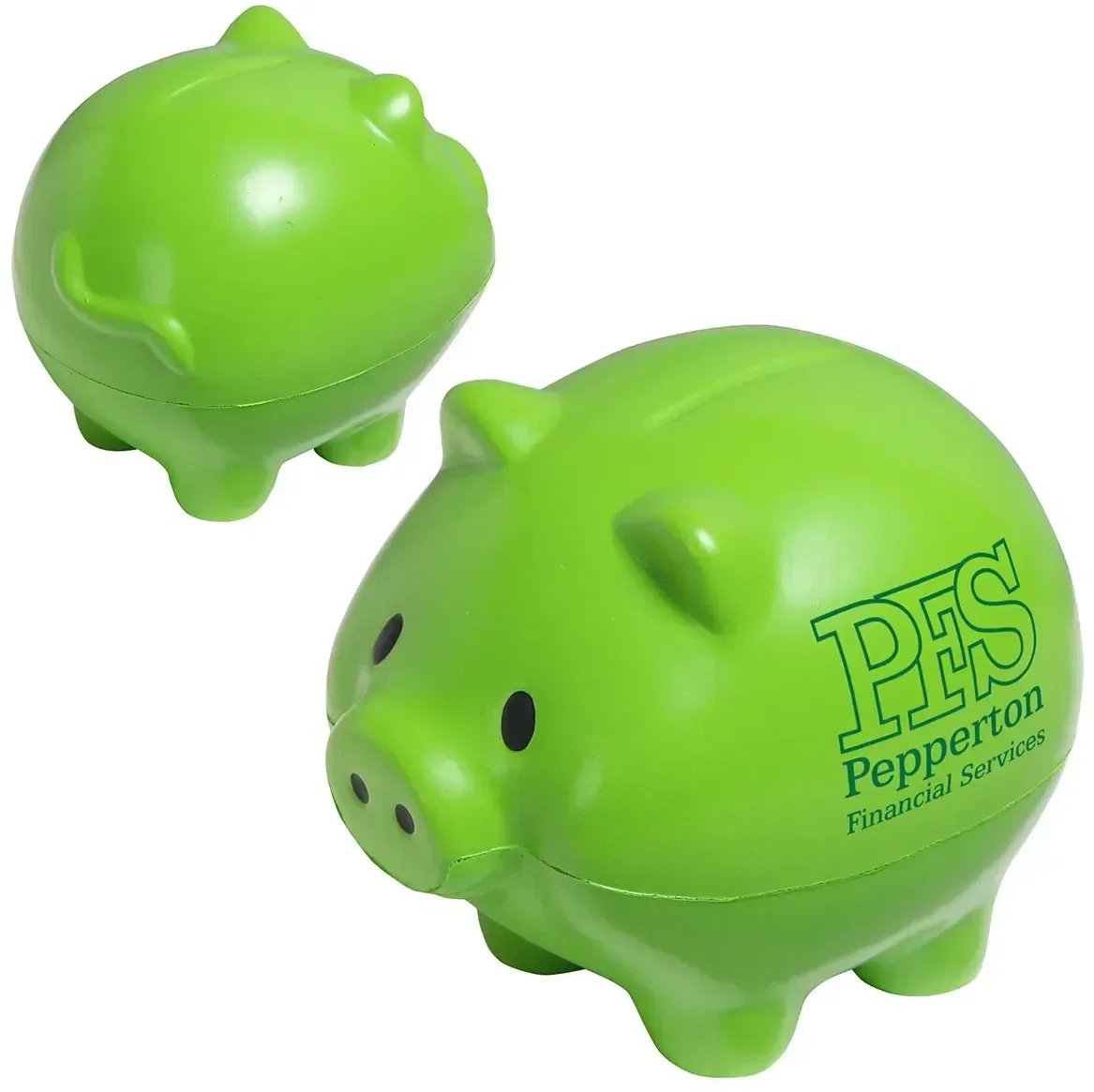 Thrifty Pig piggy-bank stress reliever from behind, branded finance promotional custom squeeze toy giveaway